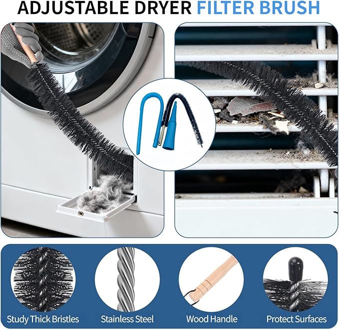 Dryer Vent Cleaner Kit - Universal Vacuum Hose Attachment & Lint Brush, Effectively Clean Clogged Dryer Ducts, Fit Most Vacuums for Dryer, Refrigerator Coils & Behind Appliances (Black)
