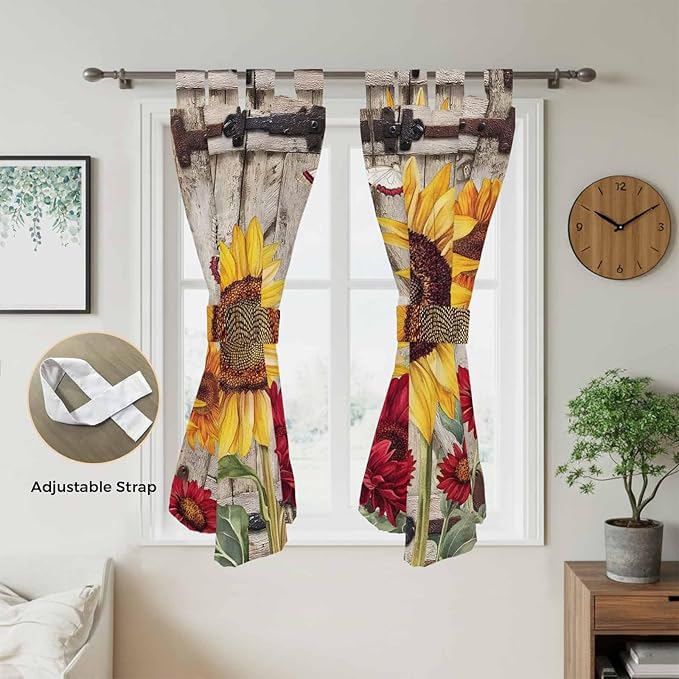 Sunflowers Bathroom Curtains 63 Inch Length, Window Curtains Tab Top, Retro Flower Barn Doors Butterfly Farmhouse Brown Light Filtering Window Treatments Drapes 52"x63" 2 Panel