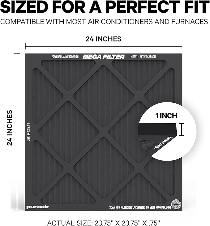 PuroAir MegaFilter - 24x24x1 Air Filter MERV 13 Activated CarbonTech Defense - Heavy Duty 3 Layer Furnace Filters Allergens, Pollen, Dust, Pet Dander, Smoke, Odors - HVAC Air Filter 24x24x1 (1-Pack)