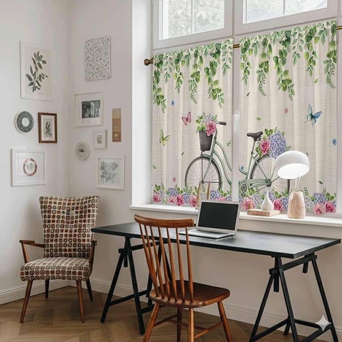 Farmhouse Spring Kitchen Curtains, Retro Bicycles Flowers Vines Butterfly Light Filtering Window Curtain Panels, 2Pcs Rod Pocket Window Treatments Set for RV Dining Room Study Room 42x54 Inches