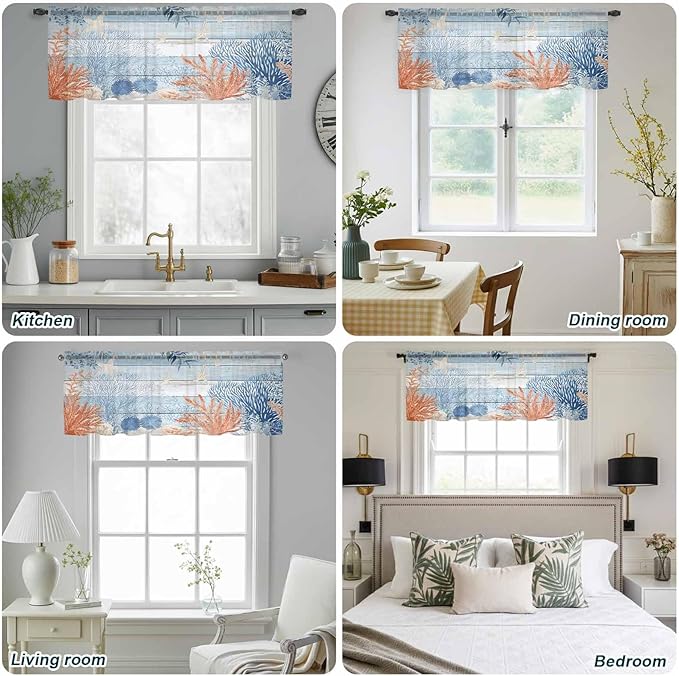 Ocean Corals Sheer Valance Curtains, Summer Beach Coral Sea Stars Blue Wood Grain Light Filtering Kitchen Valances Rod Pocket Voile Curtain Window Treatment for Bedroom/Living Room/Basement 60Wx18L