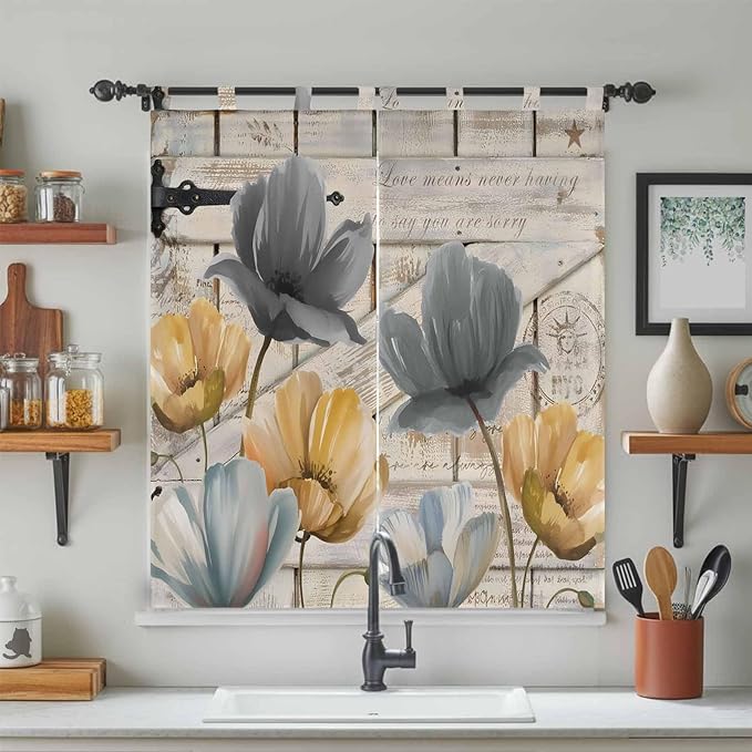 Spring Tulips Flower Bathroom Curtains 63 Inch Length, Window Curtains Tab Top, Vintage Floral Barn Doors Rustic Beige Light Filtering Window Treatments Drapes 52"x63" 2 Panel