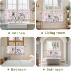 Spring Tier Curtains, Bicycles Leaves Butterfly Flowers Pink Buffalo Plaid Light Filtering Kitchen Curtains, 2Pcs Rod Pocket Half Window Treatments Panels for Sink Cafe Cabinet Camper 27.5x24 Inches