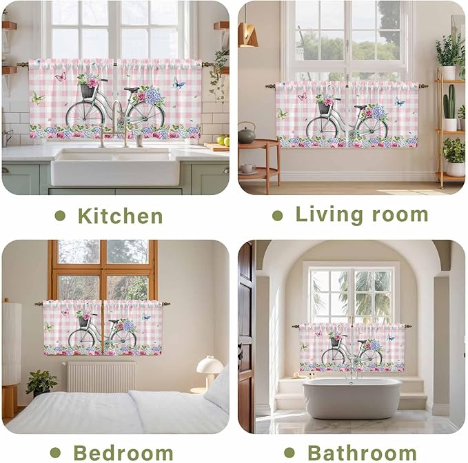 Spring Tier Curtains, Bicycles Leaves Butterfly Flowers Pink Buffalo Plaid Light Filtering Kitchen Curtains, 2Pcs Rod Pocket Half Window Treatments Panels for Sink Cafe Cabinet Camper 27.5x24 Inches