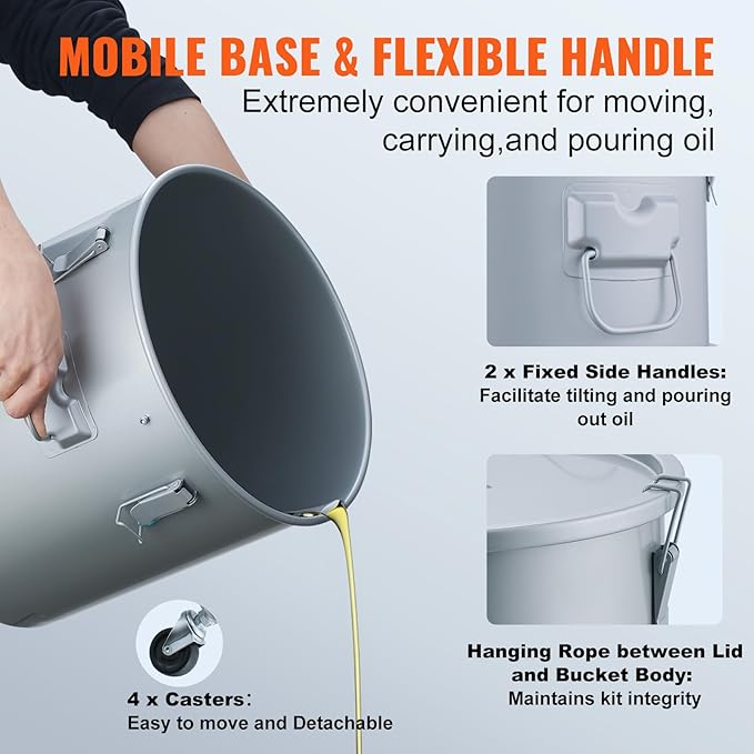 VEVOR 10 Gallon Fryer Grease Bucket, Oil Disposal Bucket Caddy on Wheels, Rust-proof Coated Carbon Steel Fryer Oil Transport Container with Filter Bag, Lid & Lock Clips for Cooking Oil Filtering