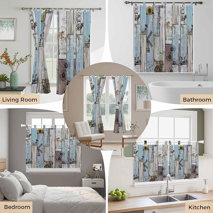 Blue Grey Wooden Living Room Curtains 84 Inch Length, Window Curtains Tab Top, Farmhouse Barn Sunflowers Retro Light Filtering Window Treatments Drapes 42"x84" 2 Panel