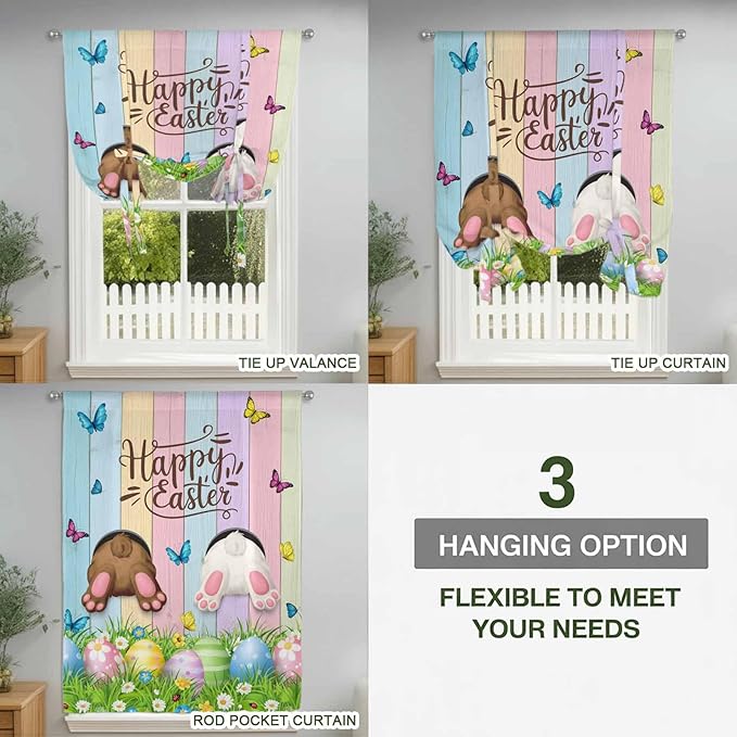 Tie Up Curtains,Happy Easter Rabbit Butt Egg on Daisy Leaf Adjustable Rod Pocket Window Shade Curtain Drape Bufferfly on Wood Barn Tie-Up Valance for Kitchen Bedroom Living Room Windows,42"x54"