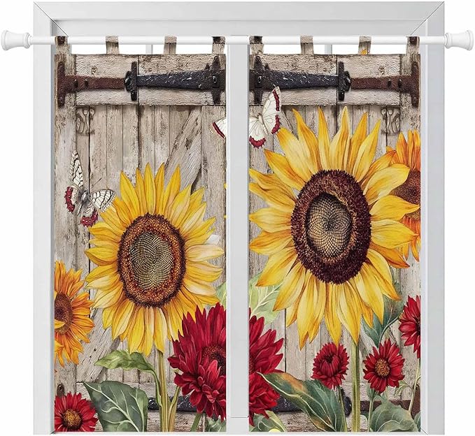 Sunflowers Bathroom Curtains 63 Inch Length, Window Curtains Tab Top, Retro Flower Barn Doors Butterfly Farmhouse Brown Light Filtering Window Treatments Drapes 52"x63" 2 Panel