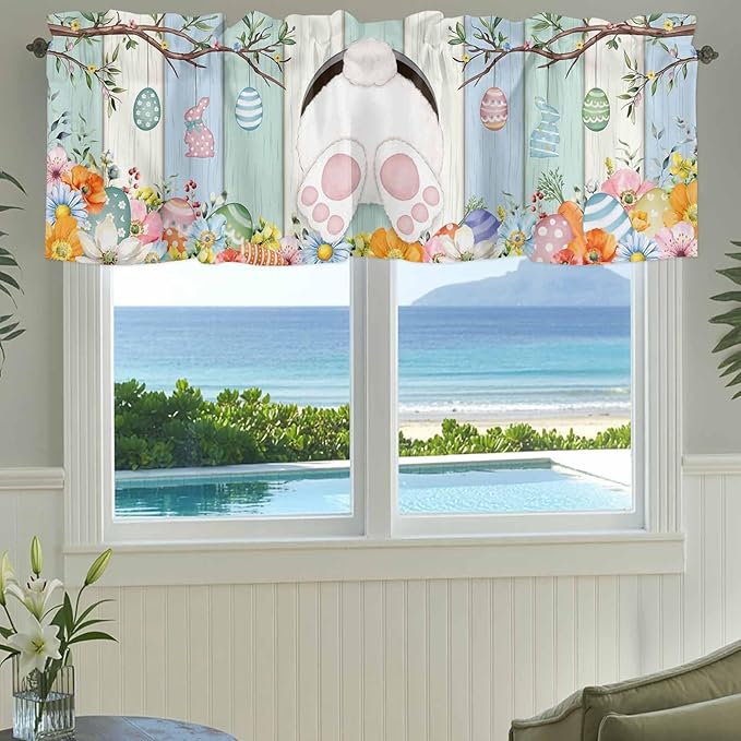 Easter Curtain Valances for Windows, Kitchen Valance Window Treatment, Spring Watercolor Bunny Eggs Wood Grain Teal Blue Light Filtering Block Curtains for Bathroom/Bedroom/Living Room 54'' x 18''