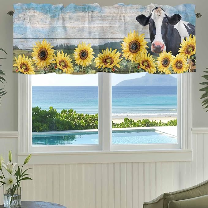 Cow Sunflowers Curtain Valances for Windows, Kitchen Valance Window Treatment, Farmhouse Animal Blue Sky Wooden Grain Light Filtering Block Curtains for Bathroom/Bedroom/Living Room 60'' x 18''