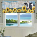 Cow Sunflowers Curtain Valances for Windows, Kitchen Valance Window Treatment, Farmhouse Animal Blue Sky Wooden Grain Light Filtering Block Curtains for Bathroom/Bedroom/Living Room 60'' x 18''