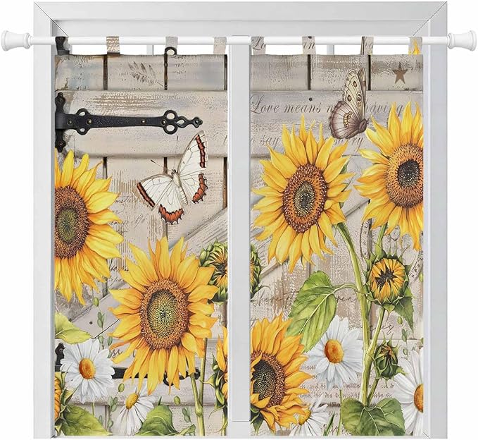 Farm Flowers Bedroom Curtains 72 Inch Length, Window Curtains Tab Top, Retro Sunflowers Barn Doors Butterfly Wood Board Light Filtering Window Treatments Drapes 52"x72" 2 Panel