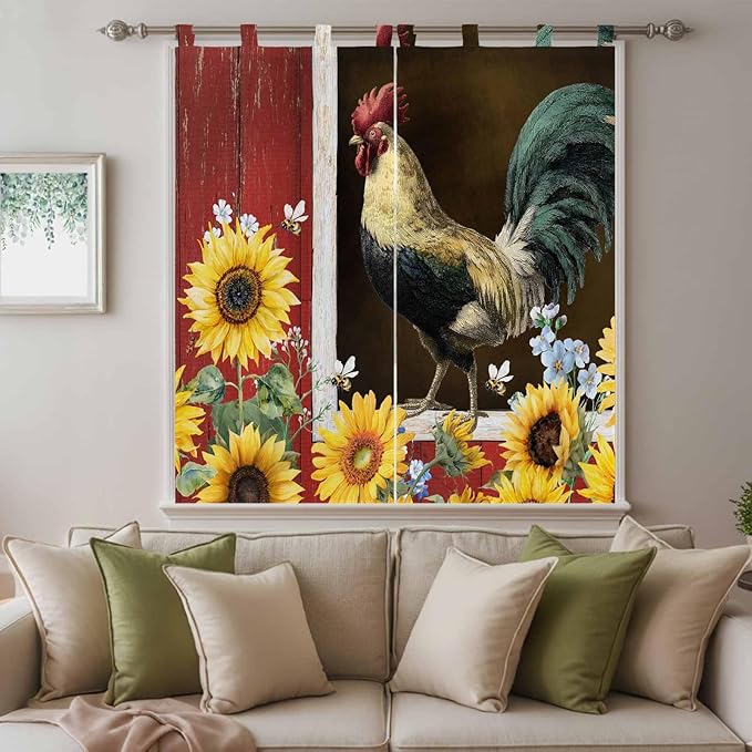 Chicken Sunflowers Living Room Curtains 84 Inch Length, Window Curtains Tab Top, Farmhouse Animals Red Barn Bees Light Filtering Window Treatments Drapes 42"x84" 2 Panel