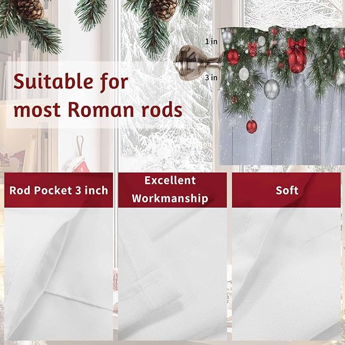 Christmas Curtain Valances for Windows, Kitchen Valance Window Treatment, Winter Xmas Balls Pine Branches Wooden Grain Light Filtering Block Curtains for Bathroom/Bedroom/Living Room 42'' x 18''