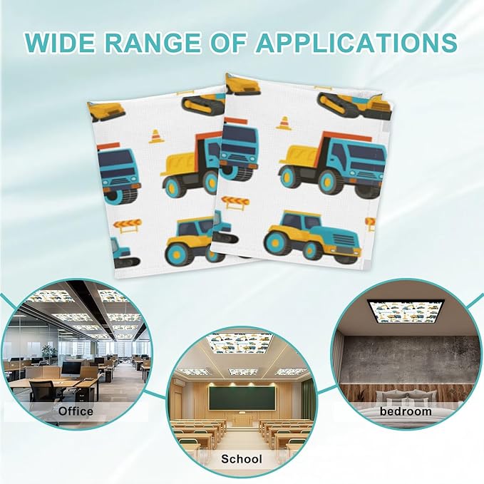 4 Pcs Fluorescent Light Covers for Ceiling Lights Seamless Construction Vehicles Cranes Excavators Trucks Bulldozers Decorative Magnets Light Filters for Office Home Classroom Must Haves 4’ x 2’