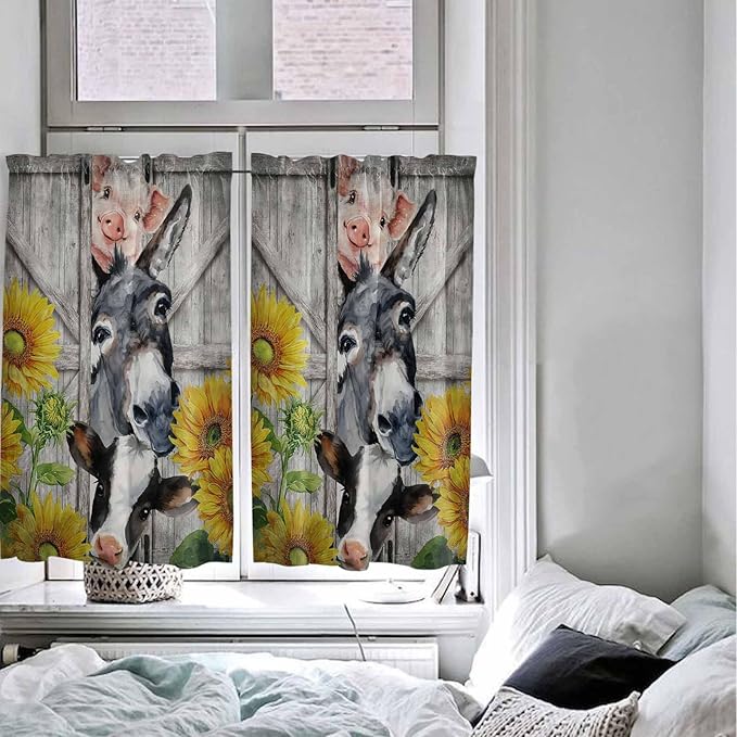 Farmhouse Kitchen Curtains 54 Inches length, Vintage Sunflowers Animals Printed Wood Grain Window Treatment Curtain Drapes, Thermal Insulated Drapes for Basement Hotel RV, 42"x54", 2 Panels