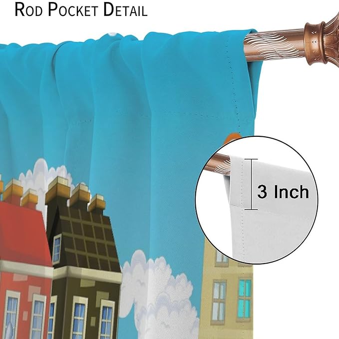 Kids Cartoon Construction Window Curtains, Funny Construction Site Cars and Helicopter Rod Pocket Decorative Windows Curtain for Children Teens Room Decor 52x84in (30% Blackout)
