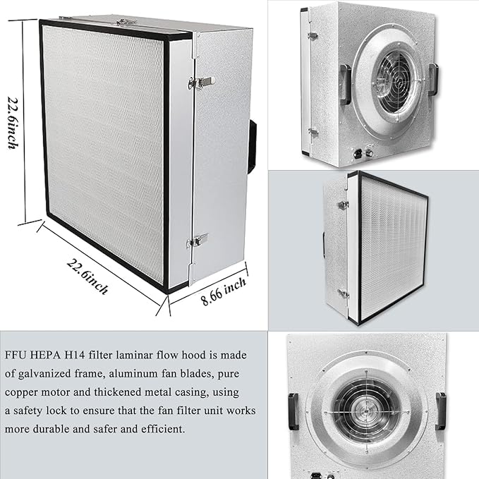 FFU HEPA H14-Filter Laminar Flow Hood Updated FanFilter Unit（Include HEPA Filter）100/ISO Class 5 Cleanroom/Laboratory/Cleanroom/Mushroom Room, Laminar Air Flow Hood(22.6"x22.6"110V)