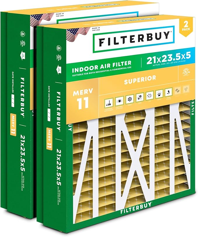 Filterbuy 21x23.5x5 Air Filter MERV 11 Superior Pet & Allergy Defense (2-Pack), Pleated HVAC AC Furnace Filters for Trane Perfect Fit & American Standard (Actual Size: 20.00 x 23.09 x 4.97)