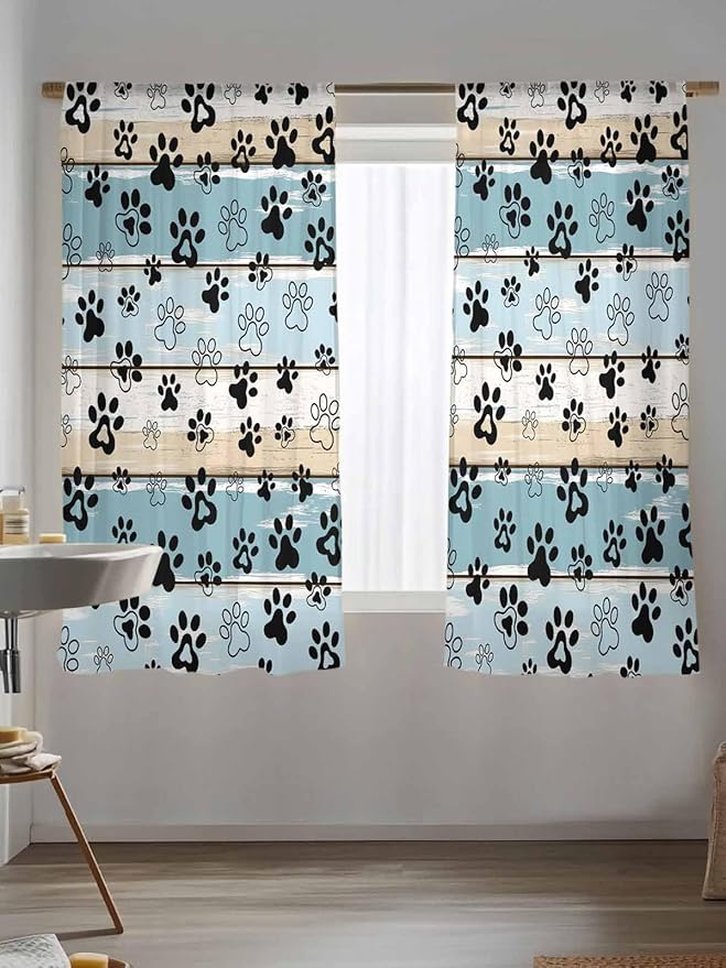 Sheer Curtains 72 Inches Long, Blue Beige Paw Print Semi Sheer Curtains Light Filtering Window Treatment, Vintage Farmhouse Country Wood Grain Privacy Voile Drapes for Living Room Bedroom 52x72 Inch