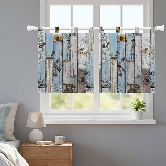 Blue Grey Wooden Kitchen Curtains 24 Inch Length, Small Window Curtains Tab Top, Farmhouse Barn Sunflowers Retro Light Filtering Short Window Treatments Tier Drapes 27.5"x24" 2 Panel