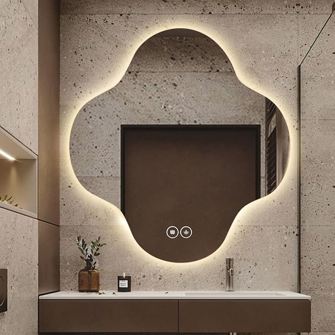 Irregular Bathroom Mirror with LED Light, Wall Mounted Mirror with Demister Pad, 3-Color Dimmable LED Light, for Wall, Living Room, Bedroom, Vanity, Entryway(90cm/35.4in)