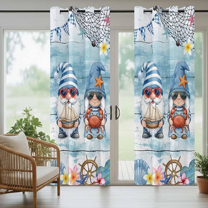 Ocean Gnome Outdoor Curtains for Patio Summer Marine Plumeria Shell Wood Blue Waterproof Outside Curtains with Grommet Top Weatherproof Curtain for Cabana Pergola Gazebo, 1 Panel, 54" W x 108" L