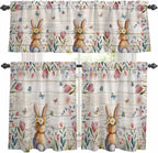 Kitchen Curtains Tiers and Valance Set of 3, Easter Light Filtering Window Curtain Set, Spring Bunny Butterfly Botanical Wooden Grain Rod Pocket Curtain Drapes for Cafe, Living Room, 24 Inches Tiers