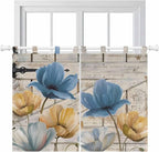 Blue Yellow Tulips Bedroom Curtains 63 Inch Length, Window Curtains Tab Top, Retro Farmhouse Flower Barn Doors Wooden Light Filtering Window Treatments Drapes 42"x63" 2 Panel