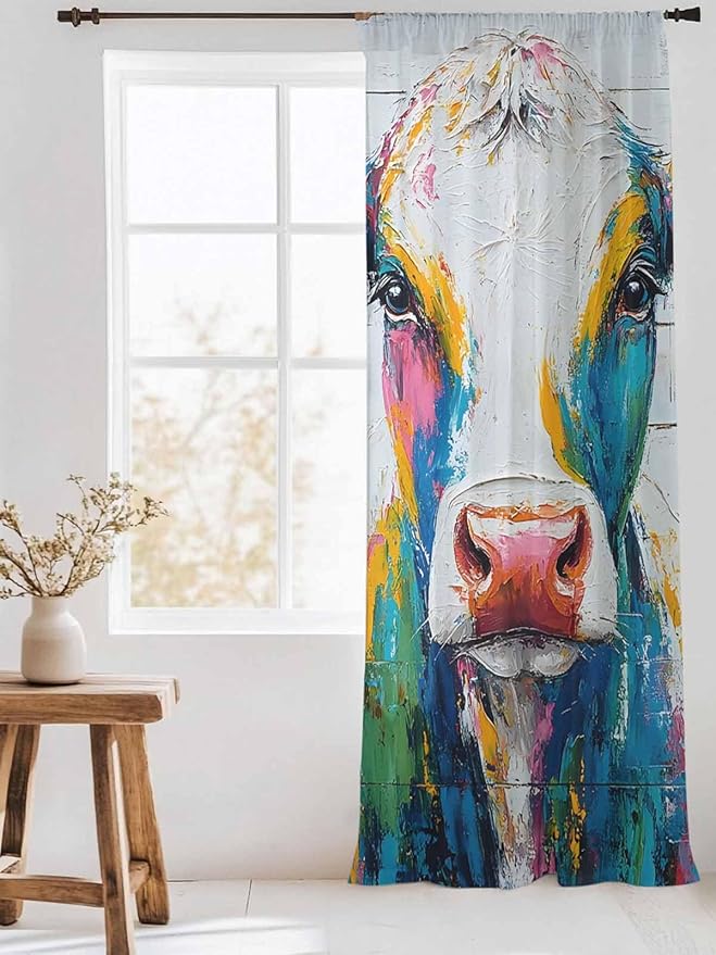 Sheer Curtains 84 Inches Long, Farmhouse Oil Painting Semi Sheer Curtains Light Filtering Window Treatment, Colorful Cow Animal Wooden Grain Privacy Voile Drapes for Living Room Bedroom 52x84 Inch