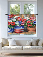 Sheer Curtains 45 Inch Length, Red Blue Flower Semi Sheer Curtains Light Filtering Window Treatment, Retro Independence Day Flag Wood Grain Privacy Voile Drapes for Living Room Bedroom 52x45 Inch
