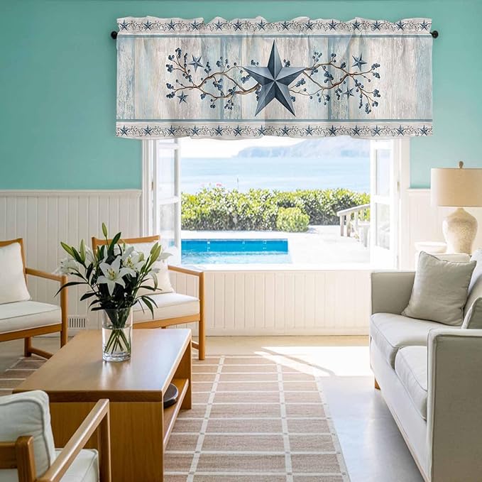 Texas Star Blue Curtain Valances for Windows, Kitchen Valance Window Treatment, Farmhouse Country Branches Wooden Grain Light Filtering Block Curtains for Bathroom/Bedroom/Living Room 54'' x 18''