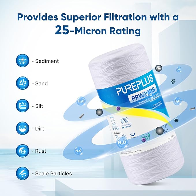 PUREPLUS 25 Micron 10 x 4.5 Whole House String Wound Sediment Filter for Well Water, Replacement Cartridge for 84637, WPX5BB97P, PC10, CW5-BBS, 355215-45, WP10BB97P, WP5BB97P, 3Pack