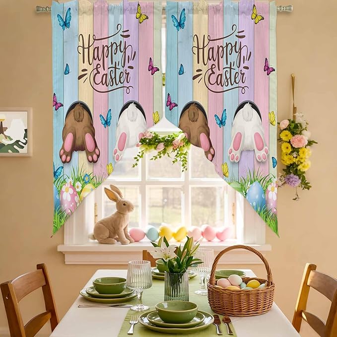 Swag Curtain Valances for Kitchen Windows,Happy Easter Rabbit Butt Egg on Daisy Leaf Short Rod Pocket Window Valance,Bufferfly on Wood Barn Swag Topper for Bedroom Living Room,2 Panels 36x63in