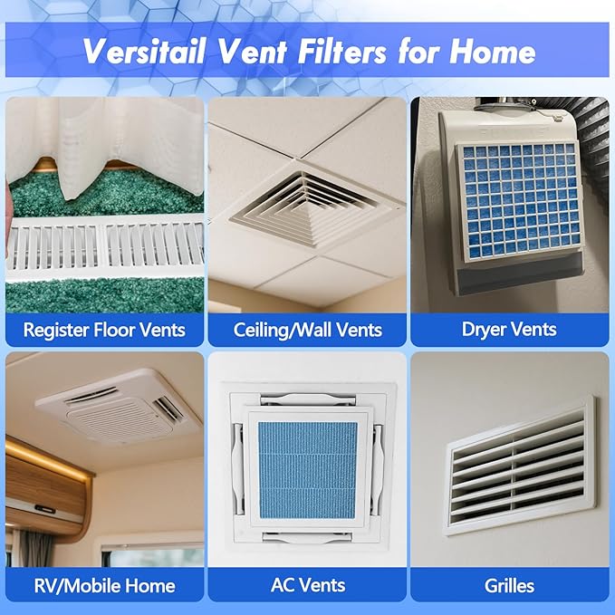 Air Vent Filter Kit - 12" x 140" Cut to Fit Air Filter Materials MERV 8 Electrostatic Media Roll for Home Floor, Ceiling, AC, HVAC, RVC Furnace Vents, With 48PCs Adhesive Hook Tape