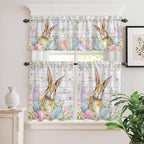 Kitchen Curtains Tiers and Valance Set of 3, Easter Light Filtering Window Curtain Set, Rustic Spring Bunny Eggs Botanical Grey Wooden Rod Pocket Curtain Drapes for Cafe, Living Room, 36 Inches Tiers