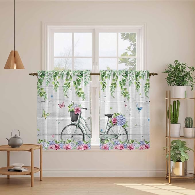 Spring Kitchen Curtains, Bicycles Botanical Rose Leaves Butterfly Wood Grain Light Filtering Window Curtain Panels, 2Pcs Rod Pocket Window Treatments Set for RV Dining Room Study Room 42x45 Inches