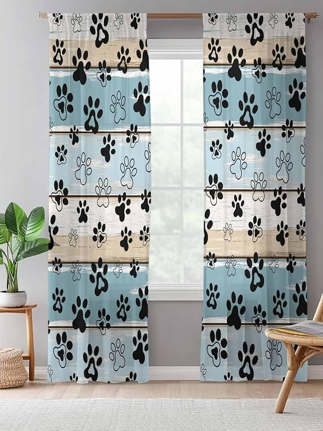 Sheer Curtains 108 Inches Long, Blue Beige Paw Print Semi Sheer Curtains Light Filtering Window Treatment, Vintage Farmhouse Country Wood Grain Privacy Voile Drapes for Living Room Bedroom 52x108 Inch
