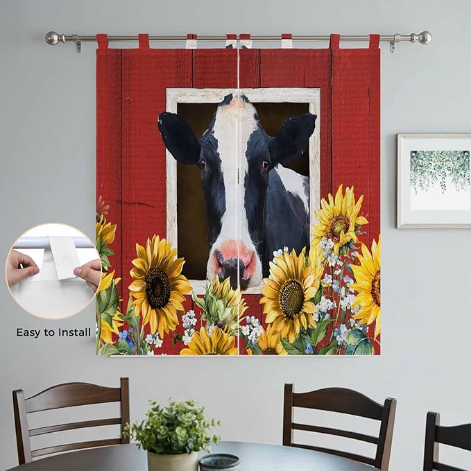 Cow Sunflowers Bedroom Curtains 72 Inch Length, Window Curtains Tab Top, Botanical Floral Leaves Bees Farm Barn Light Filtering Window Treatments Drapes 52"x72" 2 Panel