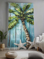 Sheer Curtains 108 Inches Long, Coastal Beach Starfish Semi Sheer Curtains Light Filtering Window Treatment, Blue Green Tropical Palm Tree Wood Grain Privacy Voile Drapes for Living Room 52x108 Inch