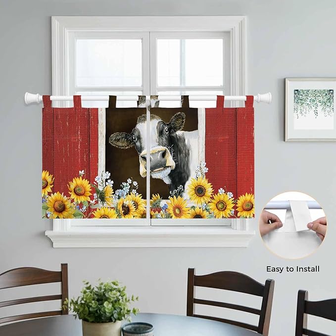 Cows Sunflowers Kitchen Curtains 24 Inch Length, Small Window Curtains Tab Top, Rustic Farms Barns Flowers Bees Animals Light Filtering Short Window Treatments Tier Drapes 27.5"x24" 2 Panel