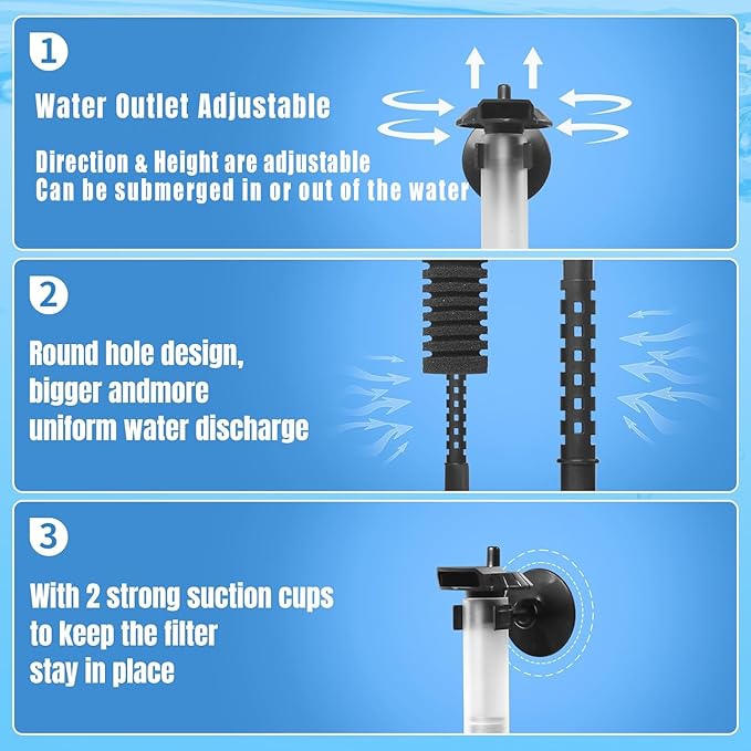 Aquarium Sponge Filter 5-20 Gallon Fish Tank Filter, Electric Power Double Sponge Filter, Quiet Small Low Flow Foam Filter for Fish Tank Betta Shrimp, Intake Dual Sponge Filter Kit w/Pump