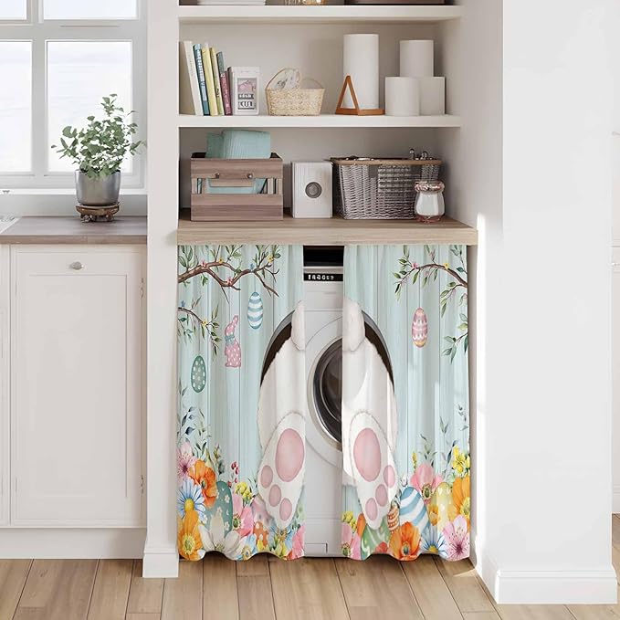 Easter Bunny Kitchen Tier Curtains 45 Inch Long 2 Panel Set,Rod Pocket Short Window Treatment,Easter Eggs Spring Farmhouse Wood Grain Teal Blue Light Filtering Curtains & Drapes 27.5"W x 45"L