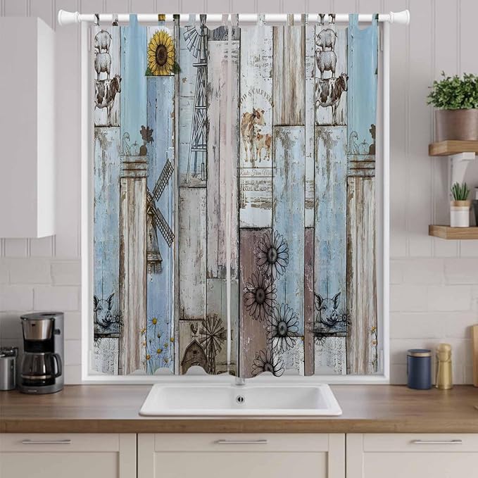 Blue Grey Wooden Living Room Curtains 96 Inch Length, Window Curtains Tab Top, Farmhouse Barn Sunflowers Retro Light Filtering Window Treatments Drapes 52"x96" 2 Panel
