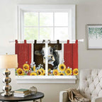 Cows Sunflowers Kitchen Curtains 24 Inch Length, Small Window Curtains Tab Top, Rustic Farms Barns Flowers Bees Animals Light Filtering Short Window Treatments Tier Drapes 27.5"x24" 2 Panel