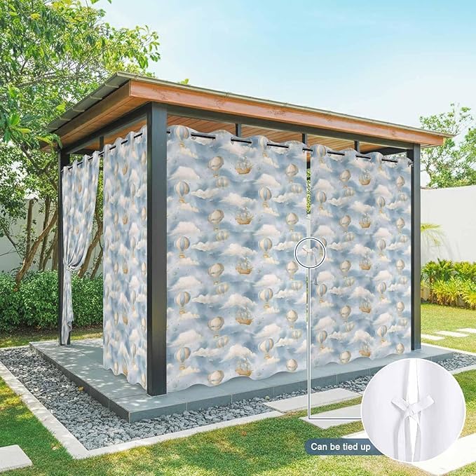 Hot Air Balloons Outdoor Curtains for Patio Fantasy Spaceship Cartoon Vintage Waterproof Outside Curtains with Grommet Top Weatherproof Curtain for Cabana Pergola Gazebo, 2 Pack, 54" W x 84" L