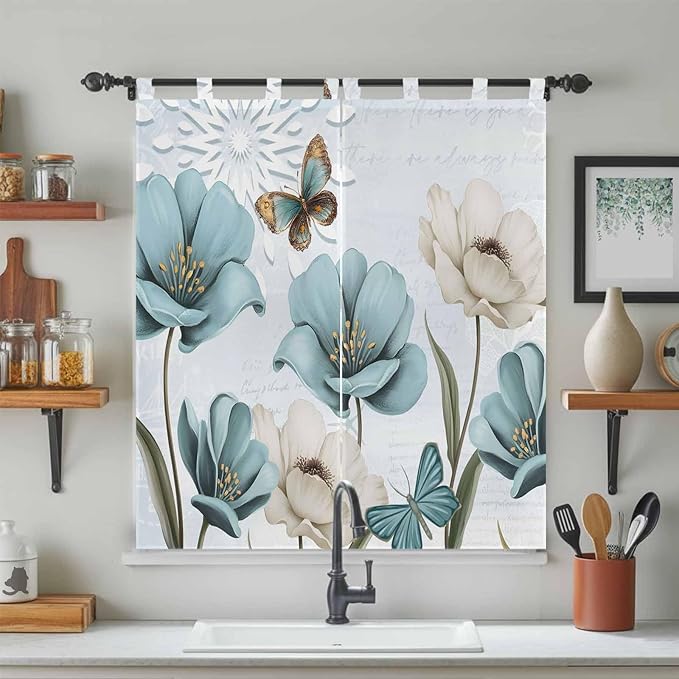 Blue Tulips Bathroom Curtains 63 Inch Length, Window Curtains Tab Top, Watercolor Flowers Butterfly Spring Farmhouse Blue Light Filtering Window Treatments Drapes 52"x63" 2 Panel