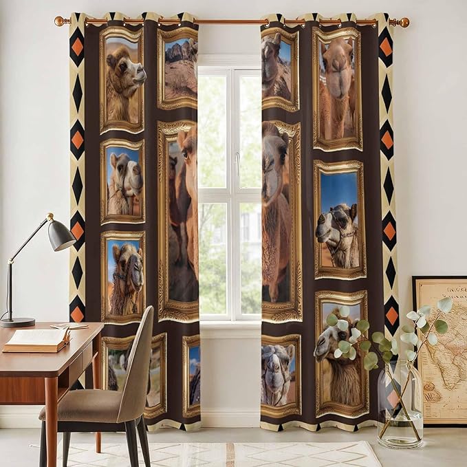 2 Panel Kitchen Cafe Curtains, Wildlife Camels Sunlight Filtering Nature Air Through, Home Decor Window Covering Tier Curtains for Living Room 80W x 84L inch Deserts Animals Brown Geometric Rustic