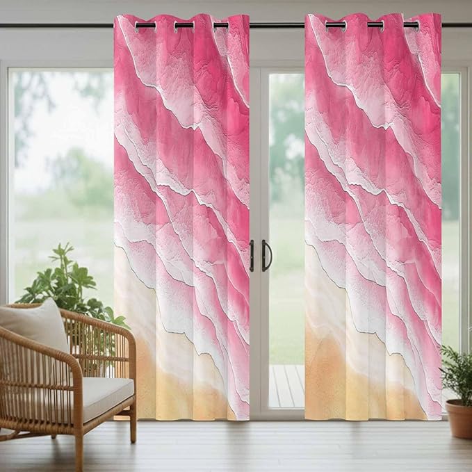 Ocean Outdoor Curtains for Patio Beach Waves Watercolor Abstract Gradient Pink Waterproof Outside Curtains with Grommet Top Weatherproof Curtain for Cabana Pergola Gazebo, 1 Panel, 54" W x 84" L