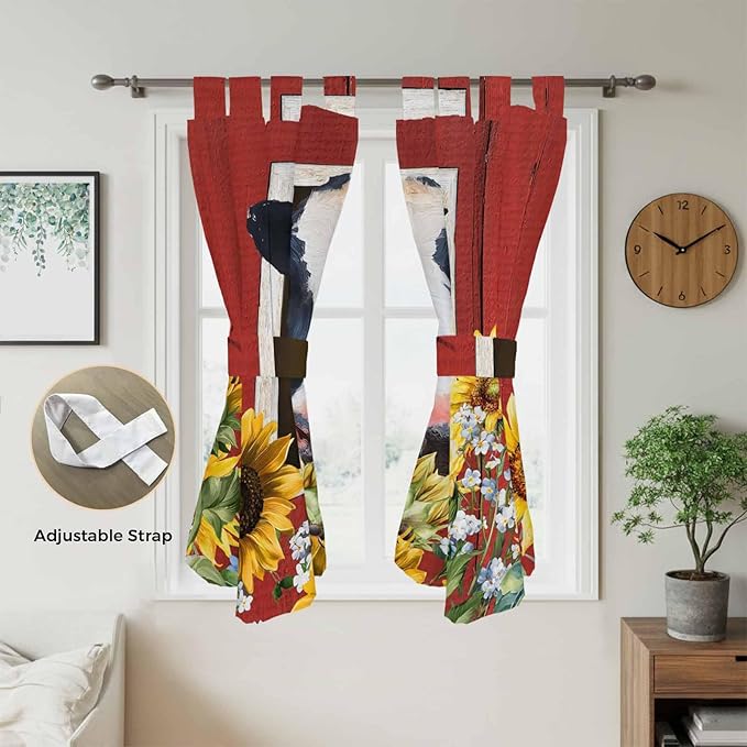 Cow Sunflowers Living Room Curtains 84 Inch Length, Window Curtains Tab Top, Botanical Floral Leaves Bees Farm Barn Light Filtering Window Treatments Drapes 42"x84" 2 Panel